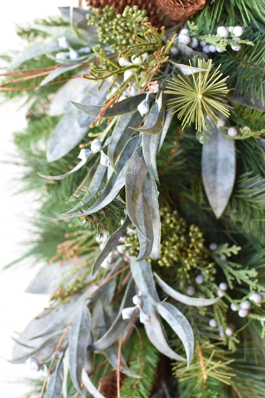 35" Faux Mixed Greenery Juniper and Eucalyptus Tear Drop Swag