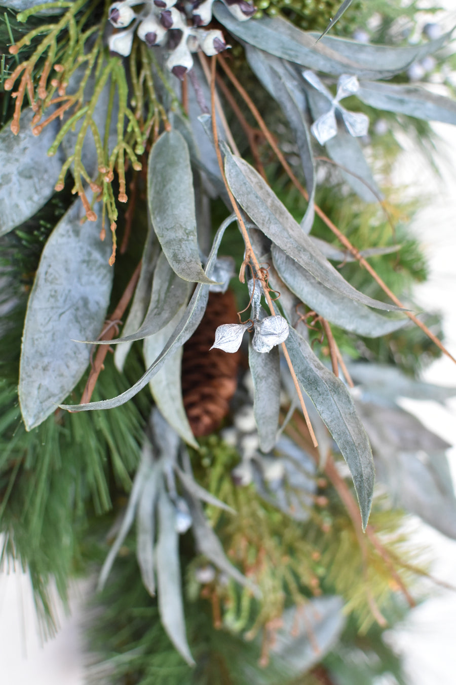 35" Faux Mixed Greenery Juniper and Eucalyptus Tear Drop Swag