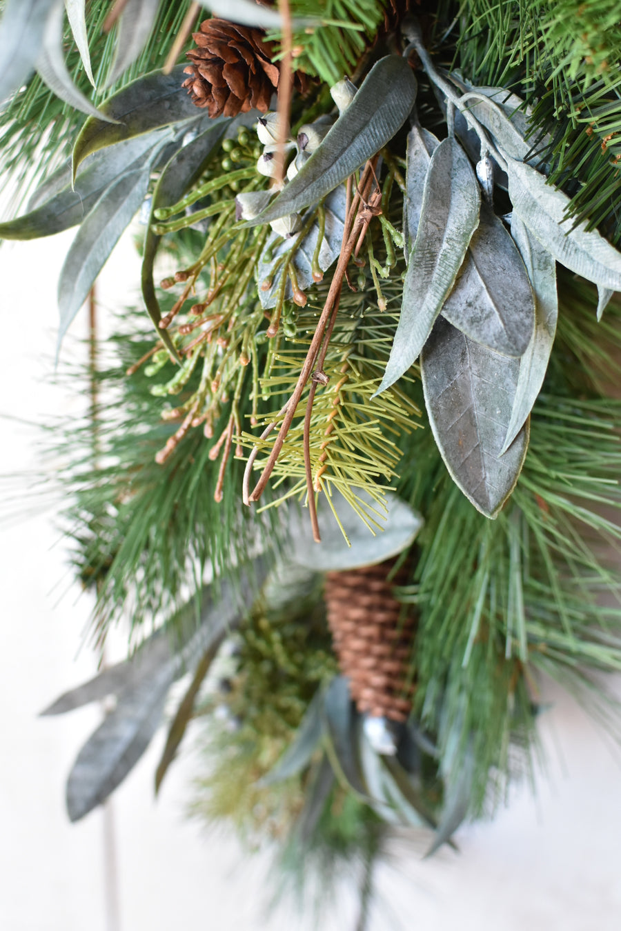 35" Faux Mixed Greenery Juniper and Eucalyptus Tear Drop Swag