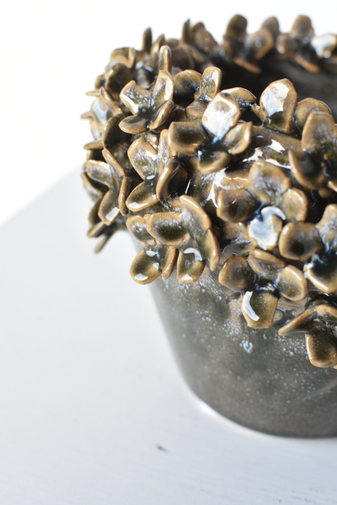 Ceramic Blue/Green/Brown Glazed Hydrangea Petal Container