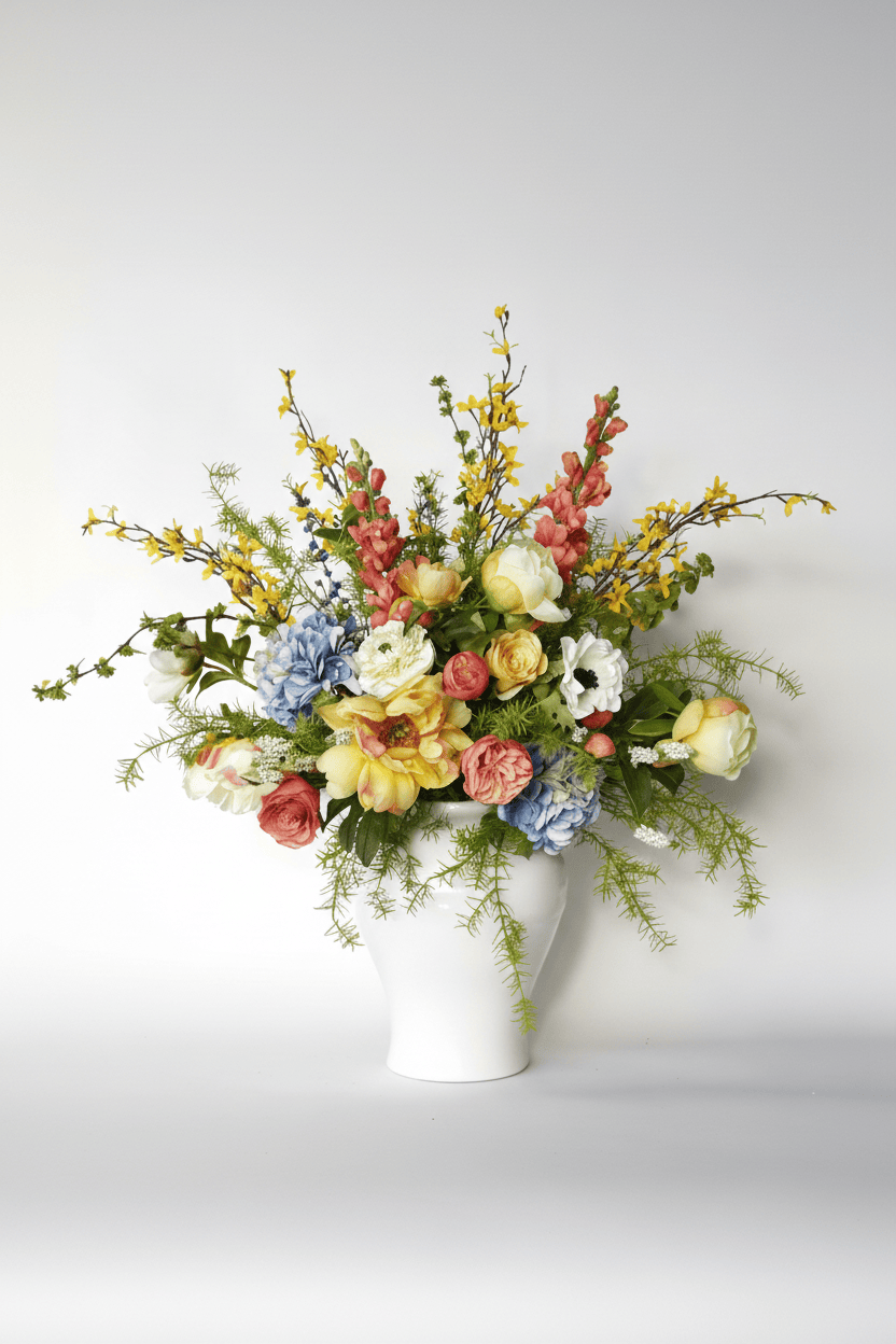 Colorful flower arrangement in awhite vase on a light gray background
