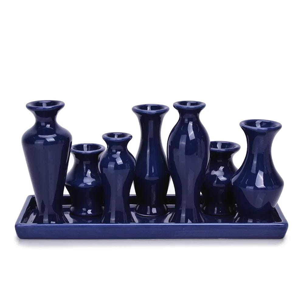Rectangular Blue Ceramic Bud Vases on Base