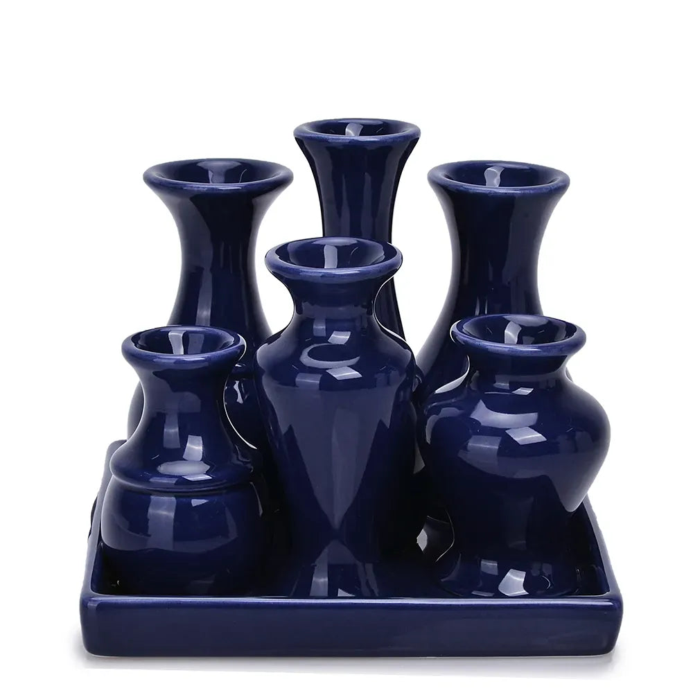 Square Blue Ceramic Bud Vases on Base