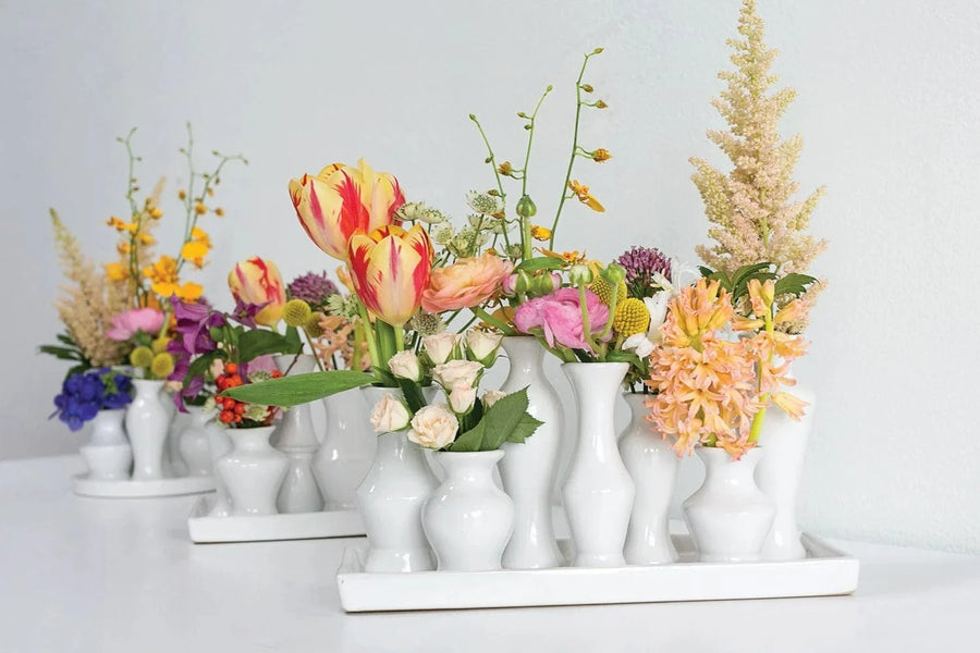 Rectangular White Ceramic Bud Vases on Base