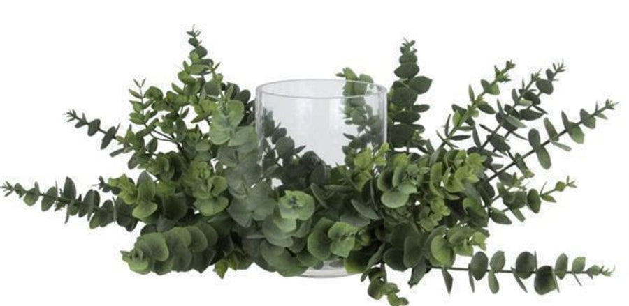 16X3"DIA GREEN EUCALYPTUS CENTERPIECE WITH GLASS