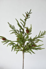 32-inch faux Norfolk pine branch stem with real pinecones, full branch view