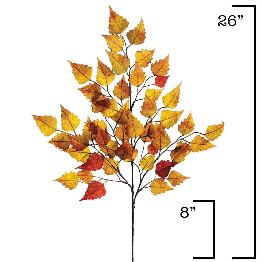 Orange, mustard, and yellow faux birch leaf stem shown from a second angle