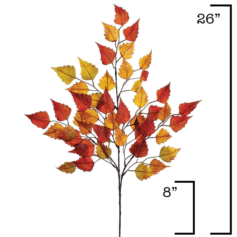 Red, orange, and yellow faux birch leaf stem shown from a second angle