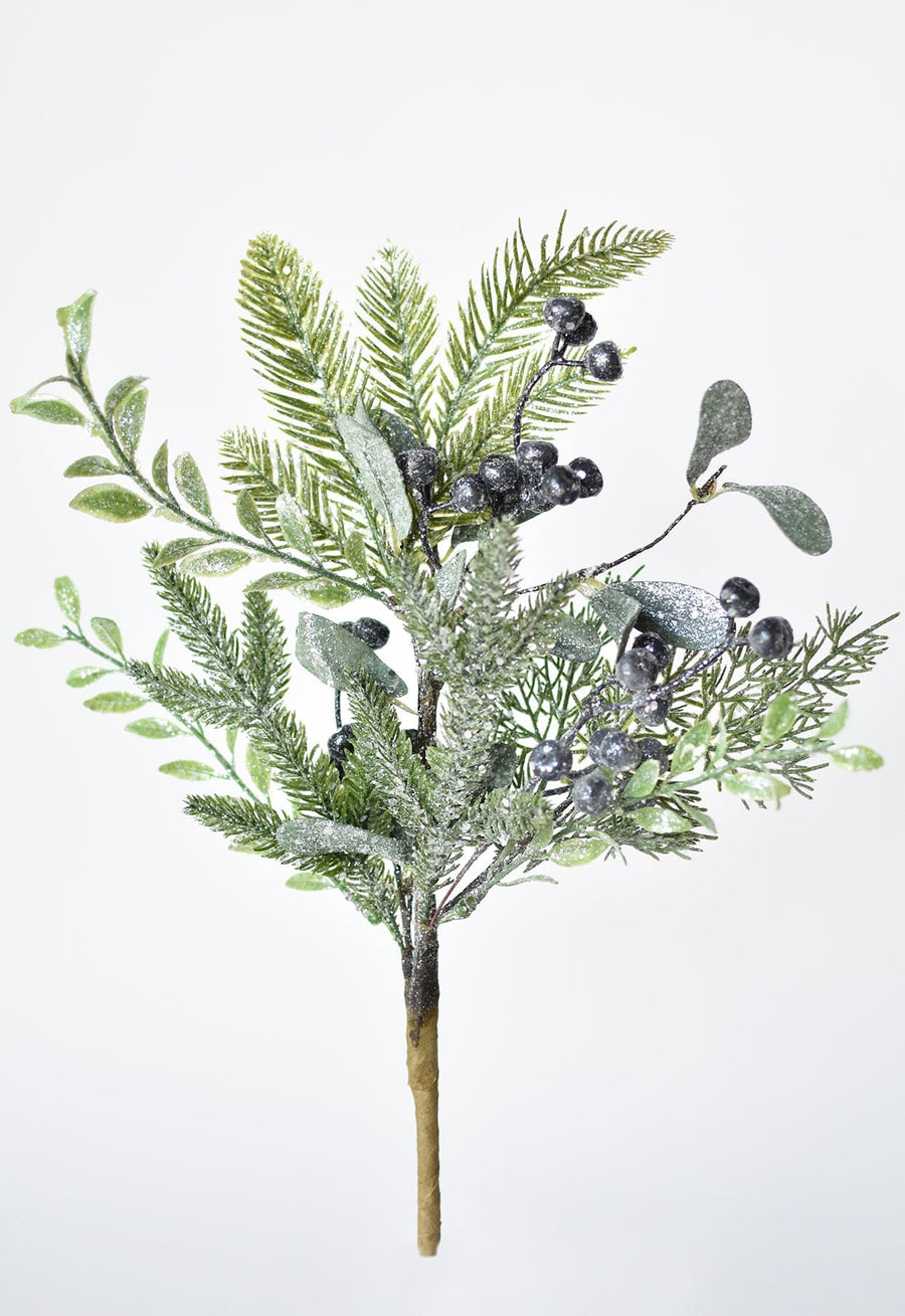 12.5" Faux Glittered Green Wintry Mix w/Berries Spray Stem