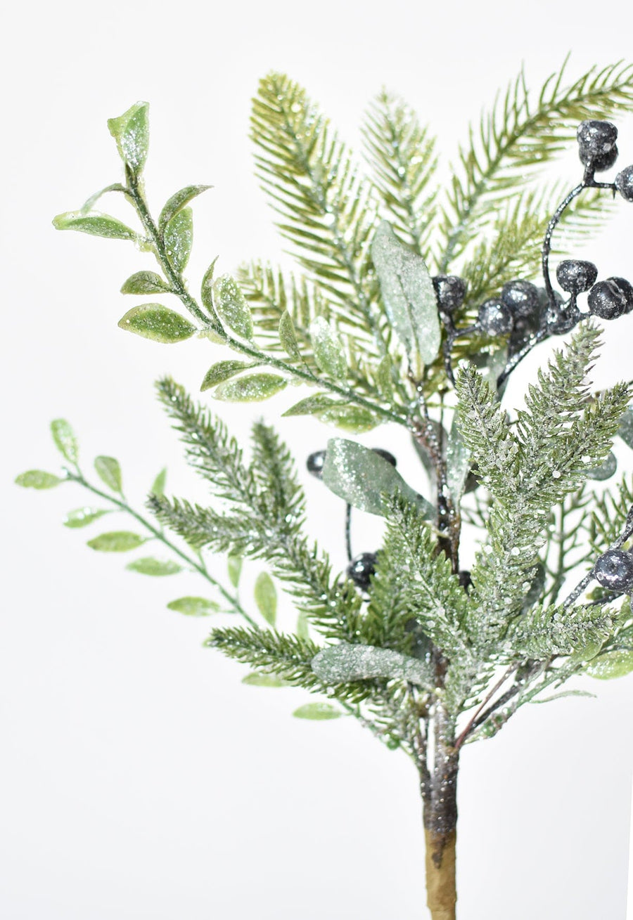 12.5" Faux Glittered Green Wintry Mix w/Berries Spray Stem