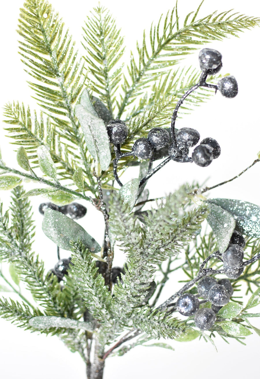 12.5" Faux Glittered Green Wintry Mix w/Berries Spray Stem