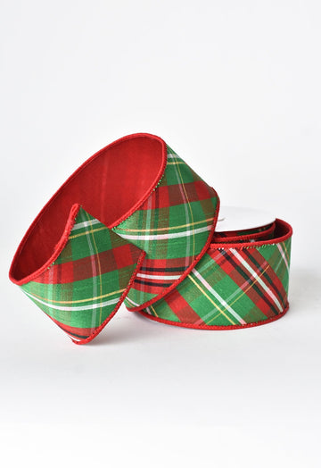 2.5" x 10yd Red + Green Plaid Dupioni Ribbon