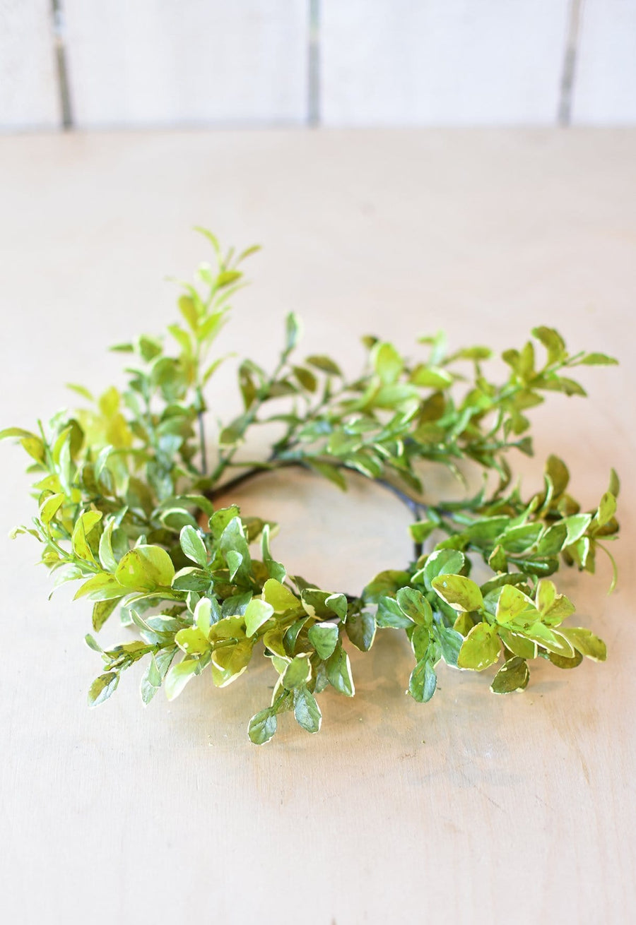 9" Faux Variegated Boxwood Candle Ring (Fits 3" pillar)